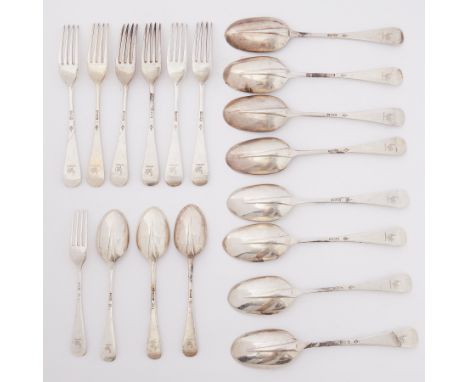 Twenty pieces of 19th century silver flatware including eight rat tail table spoons London, each with cockerel crest, three m