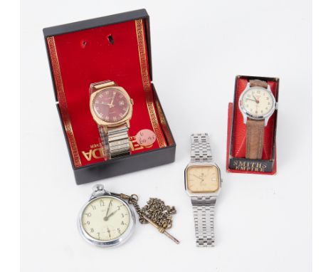 A smiths open face pocket watch, a Smiths empire vintage wristwatch, Tissot wristwatch and Sekonda wristwatch (4).