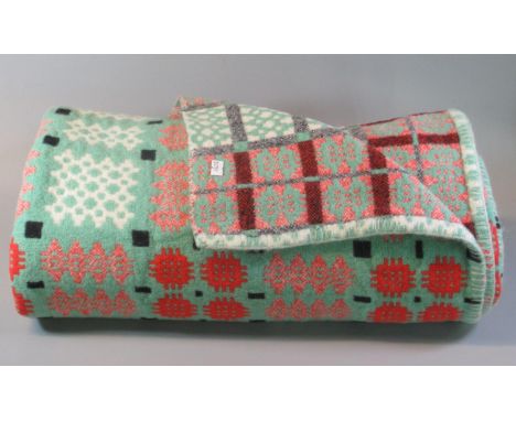 Pale green ground vintage Welsh tapestry woollen blanket with traditional Caernarfon pattern. (B.P. 21% + VAT) 