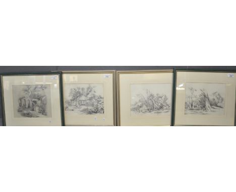 J.R. Long, a set of four pencil sketches to include woodland, architectural and other scenes.  23x27cm approx.  Framed and gl