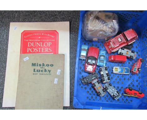 Box comprising vintage play worn diecast vehicles, together with a vintage purse with coins, Kodak Brownie flash camera and t