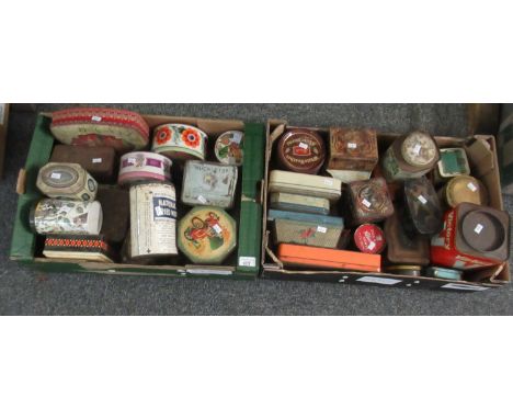 Two boxes of vintage tins, various to include: White Heather Pascall biscuit tin, Fox's Glacier Mints, oriental design tins, 