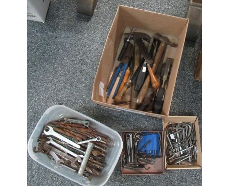 Box of tools to include: allen keys, spanners, drill bits, hammers, chisels, saw, clamp, screwdriver etc. (B.P. 21% + VAT) 