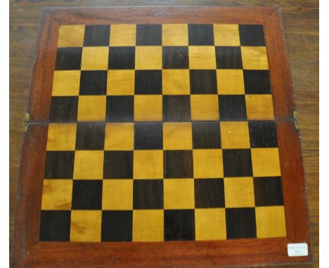 Probably 19th century mahogany and mixed woods folding chess board with brass hinges. 56x56cm approx. (B.P. 21% + VAT)Wear an
