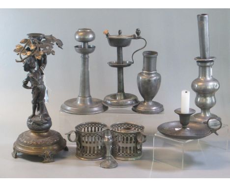Collection of mainly 19th century pewter: candlesticks, chamber sticks etc.  together with a pewter figural Art Nouveau desig