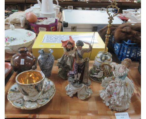 Tray of various items to include: Italian Capodimonte style gilt and figural cabinet cup and saucer, similar Capodimonte bell