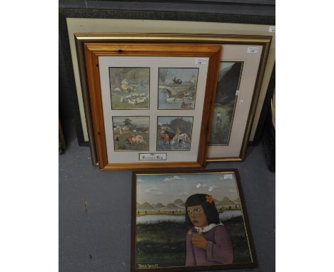 Collection of furnishing prints, to include: portrait of a girl, the farmer's boy, golf scene etc.  All framed and glazed.  (