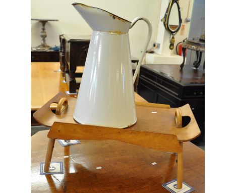 'The Criterion' Folding Lap Tray in bent ply and beech, together with a white enamel jug.  (2)   (B.P. 21% + VAT) 