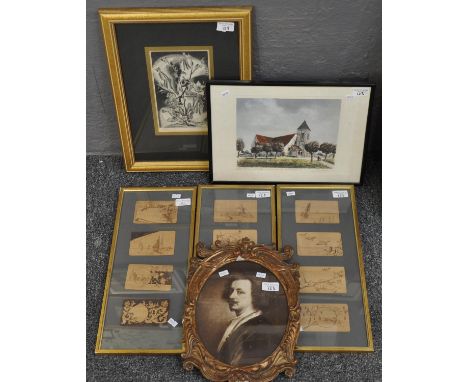 Collection furnishing pictures, to include: 'A Spring Bouquet', Church scene, portrait, bird, marine and other studies.  (6) 