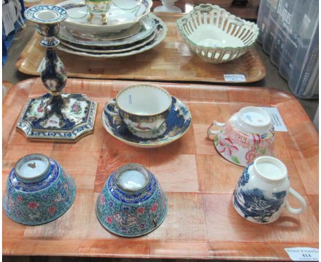 Oriental design English porcelain cups; one blue and white and one polychrome, Chinese cloisonne tea bowls with floral design