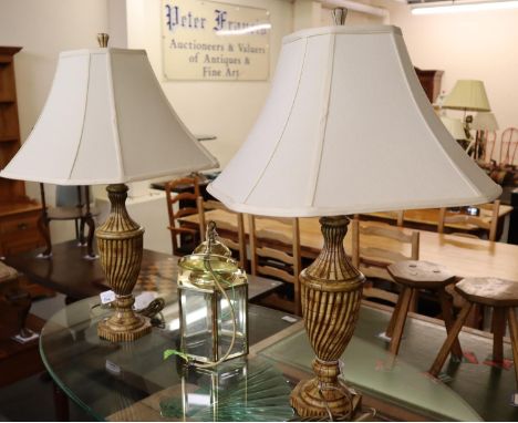 Pair of modern classical design composition urn shaped table lamps with shades, together with a brass lantern ceiling light f