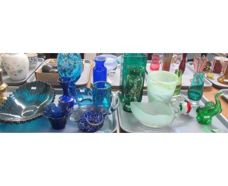 Two trays of coloured glass ware, to include: various shapes and colours of vases, mainly green and blue glass, one 'Mary Gre