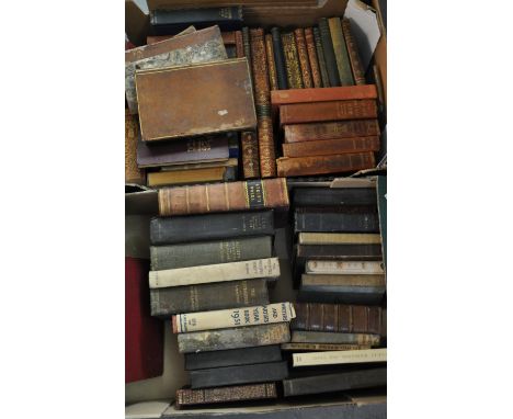 Two boxes of books to include; various leather bound and quarter leather; 'Byron's Works', 'The Works of Virgil' 1721, 'Maclo