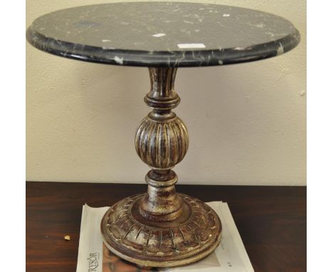 Black veined marble top side/lamp table with silver finish painted wooded base. (B.P. 21% + VAT)Some stains to the top, but n