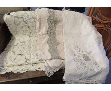 Three good quality vintage embroidered and crochet work linen tablecloths. (3)(B.P. 21% + VAT) 