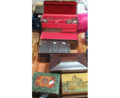 Collection of small boxes: travelling dressing table case with red velvet interior, three glass bottles with white metal tops