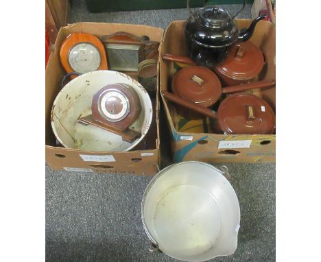 Two boxes of assorted items, to include: a set of three brown enamel 'Judge' ware pots, a tin lamp, an enamelled kettle, a me