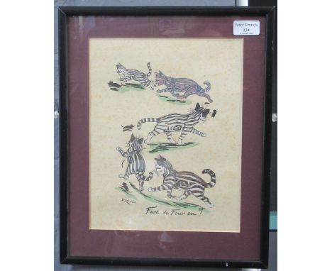 After Louis Wain, entitled 'Five to Four on!', coloured print.  29x23cm approx.  Framed and glazed.  (B.P. 21% + VAT) 