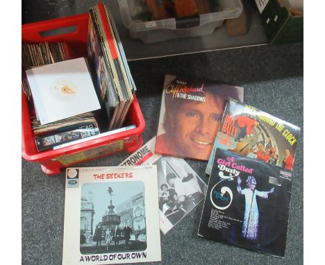 Box of vinyl records and music memorabilia to include: various 7" records: 'The Bachelor's Hits' 45rpm, 'Small Faces', Gene P