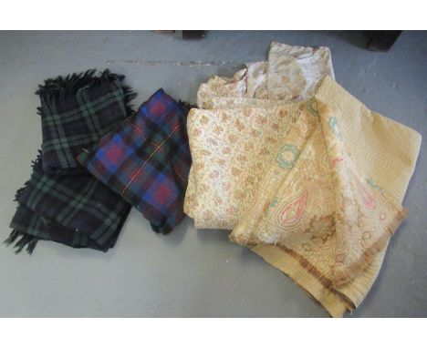 Box of textiles to include: three vintage check woollen blankets; one with 'All Wool made in Scotland' label and another with