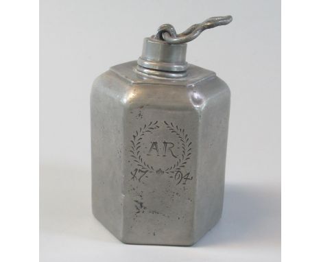 Unusual pewter octagonal lidded flask, screw top and loop handle dated 1794 initial 'A R'. (B.P. 21% + VAT)&nbsp; &nbsp;&nbsp