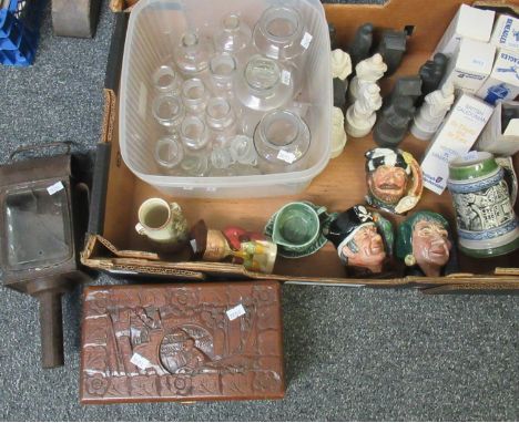 Box of assorted items, to include: glass chemist bottles, jars and loose stoppers, Tilley lamp, Toby jug by Wood & Sons, Roya