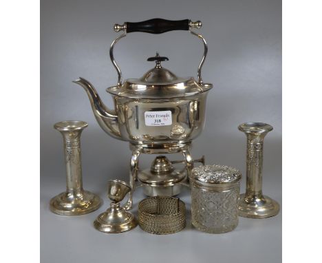 Collection of silver and silver plate, to include: silver plated spirit kettle on stand, pierced plated bangle, pair of silve