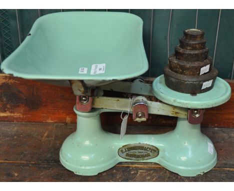 F.J.Thornton &amp; Co Birmingham, a set of turquoise enamel scales with graduated set of weights.   (B.P. 21% + VAT) 