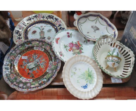 Tray of assorted china to include; creamware chestnut basket, egg shaped trinket box, Dresden trinket tray with urn and laure