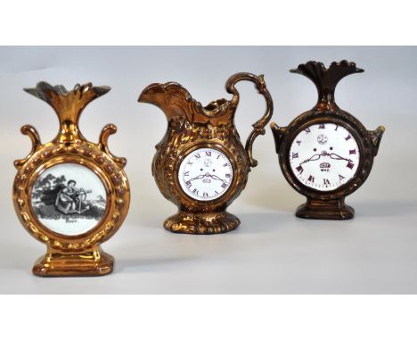 Three 19th century clock faced copper lustre jugs, one marked 'Hope' and other decorated with architectural scene, fruit and 