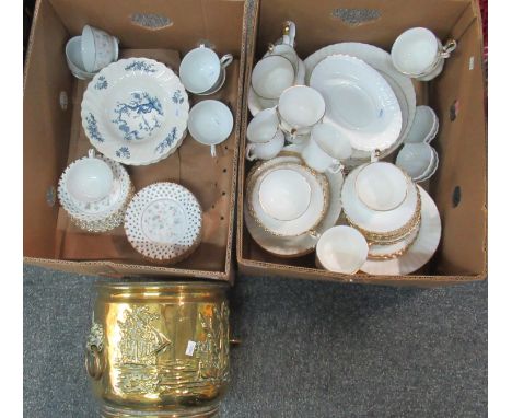 Two boxes of mostly china to include: Duchess English bone china part dinner service and teaware, floral teaware, blue and wh
