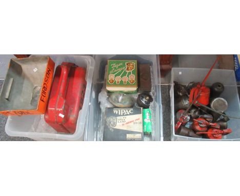 Three boxes containing automobilia to include: 15 vintage thumb press oil can oilers; including; Wesco, Braines, Brevettato e