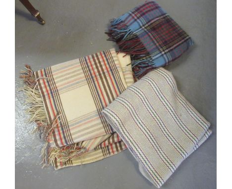 Three vintage woollen blankets; two check in different colours and one striped. (3) (B.P. 21% + VAT) Blue and red checked - a