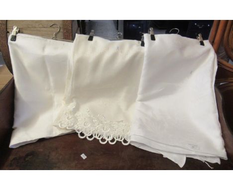 Three vintage damask tablecloths, with varying designs, one with crochet trim. (3)(B.P. 21% + VAT) 