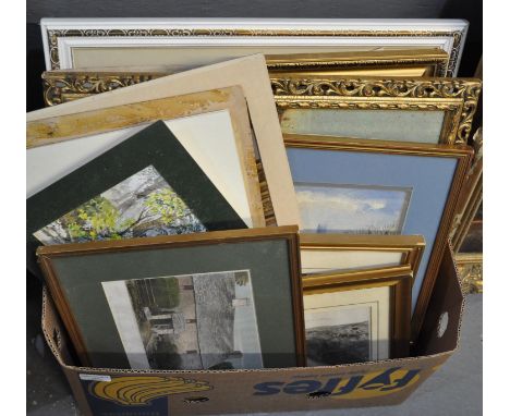 Box of assorted furnishing pictures, to include: coloured etchings, watercolours of children playing at the river, architectu