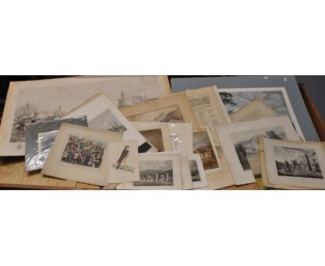 Collection of 19th century and other black and white and coloured etchings, portraits, the south east view of Conway Castle, 