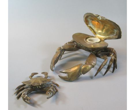 Novelty brass single inkwell in the form of a crab, with ceramic liner. Together with another study of a brass crab. (2) (B.P