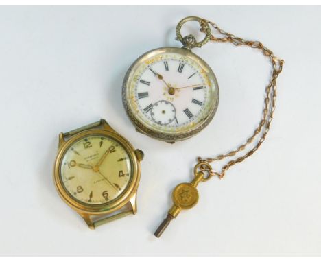 FOB WATCH ETC. A continental silver cased fob watch with key & a vintage Horomatic automatic wrist watch with gold plated cas