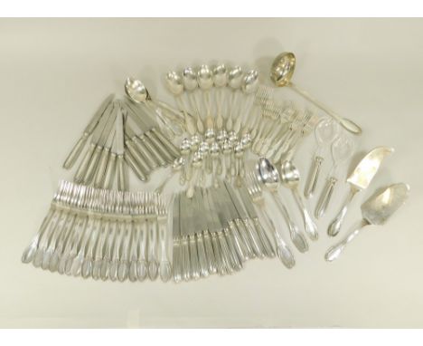 ITALIAN FLATWARE.A suite of Italian 800 standard silver flatware, comprising 12 silver mounted table knives, 16 table forks, 