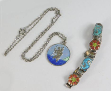 ENAMEL. An Arts &amp; Crafts silver &amp; enamel bracelet, Birmingham 1909 &amp; an enamelled silver St. Christopher pendant 