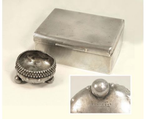 TIFFANY ETC. A Tiffany sterling silver open salt, worn &amp; an engine turned cigarette box, also worn.