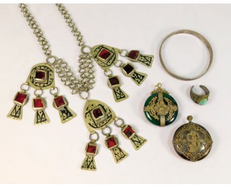 ETHNIC JEWELLERY.Ethnic jewellery including two Indian brass mounted, agate beads, a scarab ring etc. 