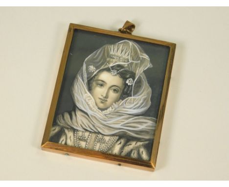 PORTRAIT MINIATURE.A modern portrait miniature, hand painted en grisaille of a lady wearing a coronet below a veil. Gilt meta