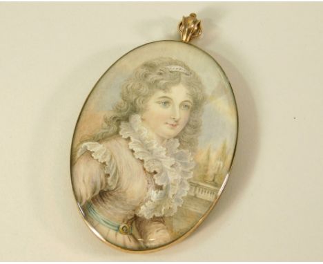 PORTRAIT MINIATURE.A good portrait miniature, hand painted on ivory, of a lady in Georgian dress wearing a ruffled gown & set