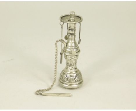 HOOKAH PIPE. An Egyptian silver coloured metal model of a hookah pipe. Both pieces stamped. Height 11cm.