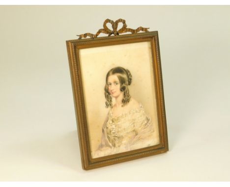 PORTRAIT MINIATURE. A Victorian hand painted watercolour miniature on card, of a Victorian lady. Signed J. Fisher &amp; dated