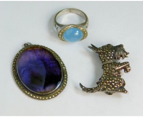 MARCASITE ETC. A silver, marcasite &amp; amethyst pendant, 3.5 x 2.8cm. Also a silver &amp; marcasite sitting dog brooch &amp