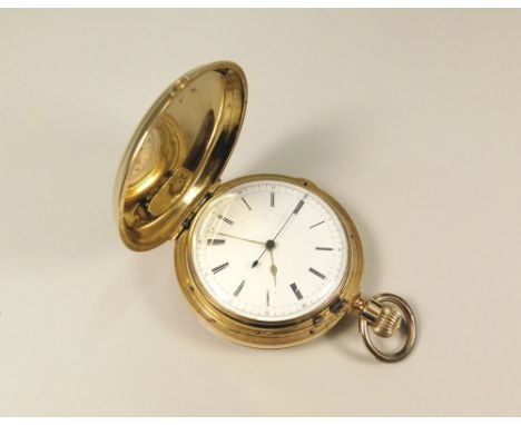 GOLD POCKET WATCH. An 18k, full hunter, gold cased pocket watch with stop-watch function. The white enamel dial with Roman nu