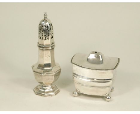 CASTER ETC.An Edwardian sugar caster by Mappin & Webb, height 17cm & an Edwardian tea caddy, lacking finial.