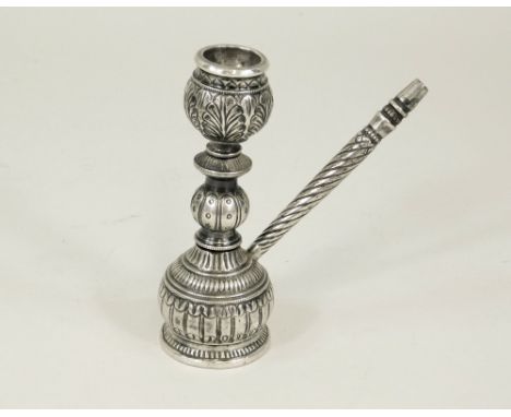 HOOKAH PIPE. A Middle Eastern silver coloured metal hookah pipe. Height 11.2cm.